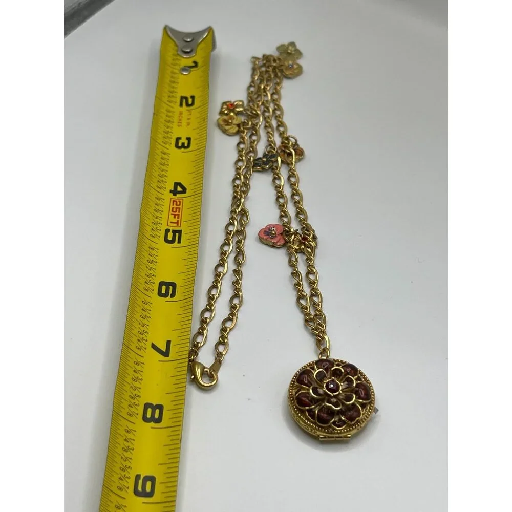 Vtg JOAN RIVERS‎ Victorian Language of Flowers Locket Charm Necklace Gold Enamel